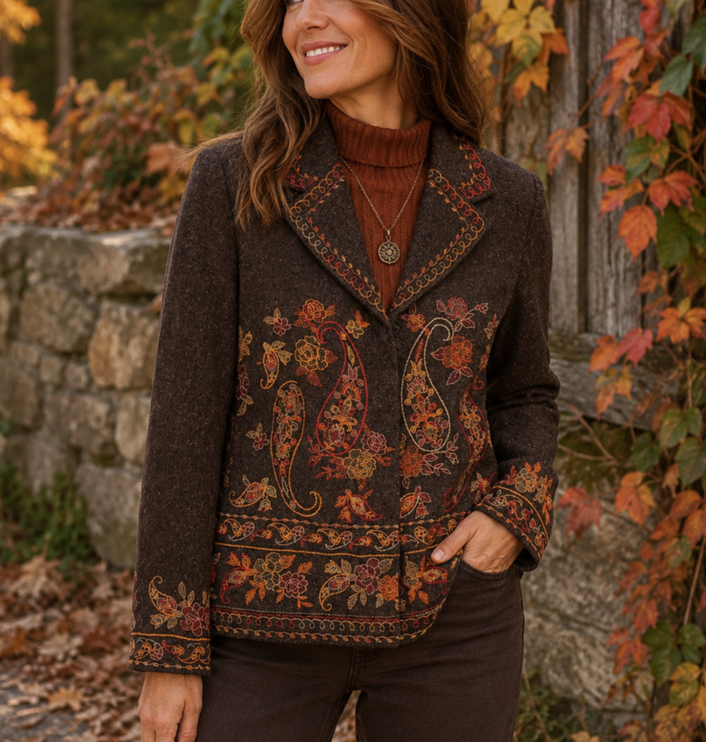Coldwater Creek Embroidered Blazer Jacket Size XS Brown Paisley Boho Autumn